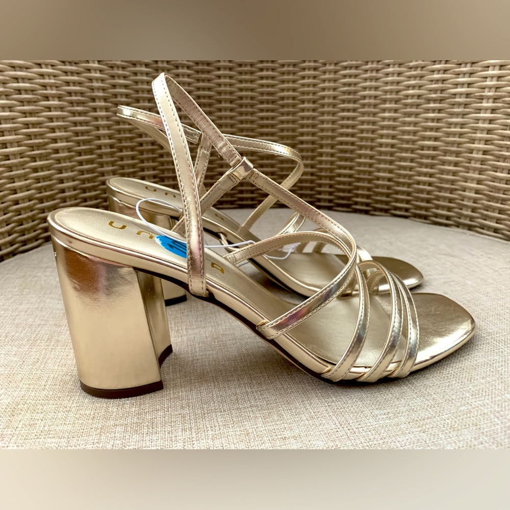 UNISA Gold Metallic Sandals: Block Heel 4”, Straps 10
